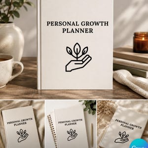 Pode incluir: Uma agenda de crescimento pessoal de capa dura branca com texto preto e um ícone de linha preta de uma mão segurando uma pequena planta. A capa apresenta as palavras Personal Growth Planner centralizadas acima do gráfico.
