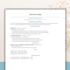 Pode incluir: Um modelo de currículo com fundo branco, com seções para informações de contato, resumo profissional, experiência de trabalho, educação, habilidades e certificações. O texto é preto, com títulos azuis. Projetado para candidaturas.