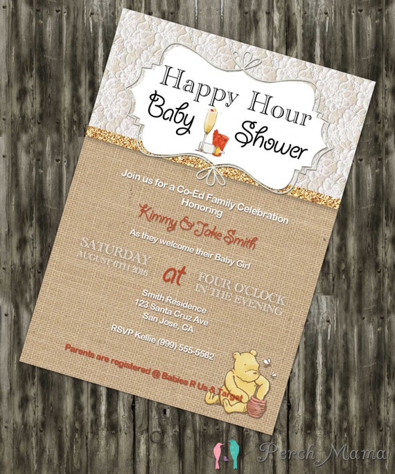 Happy Hour Baby Shower Winnie the Pooh Invite and Thank You Card