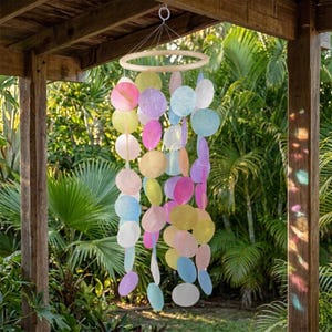 Rainbow Capiz Shell Wind Chime, Colorful Hanging Mobile, Boho Patio Porch Garden Decor, Handmade Window Balcony Ornament