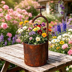 May include: A cylindrical, rusted metal planter featuring an attached arched handle with a top screw mechanism. The planter is filled with a vibrant arrangement of multicolored flowers, including yellow, white, purple, and red pansies and daisies.