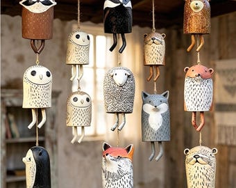 Animal Garden Wind Chime, Outdoor Hanging Decor, Owl Fox Bear Sheep Otter Woodland Ornament, Rustic Yard Gift