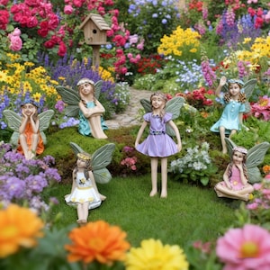 May include: A group of fairy ornaments with green wings and brightly coloured dresses are displayed in a garden. The fairies are in different poses, set amongst colourful flowers and a small birdhouse. The scene is cheerful and imaginative.