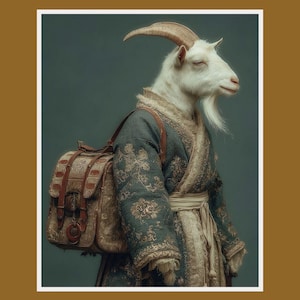 May include: A white goat with long horns and a long white beard is wearing a teal and gold patterned coat and carrying a brown leather satchel. The goat is set against a teal background.