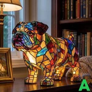 Lámpara con forma de perro, lámpara de resina, imitación de vidrio, lámpara de mesa con forma de perro con aspecto de vidriera, linda luz nocturna con forma de animal, lámpara de escritorio USB, luces de mosaico, regalo divertido