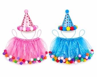 Ensemble tenue d'anniversaire chien, collier tutu et chapeau de fête pour animal de compagnie, costume d'anniversaire de chiot, ensemble fête chien rose bleu, accessoires d'anniversaire fille garçon chien