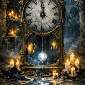 May include: An ornate antique clock with Roman numerals, set in a gothic interior. The clock is gold-toned with intricate carvings. Lit candles and a glowing orb add to the mysterious atmosphere. The clock's hands point to midnight.