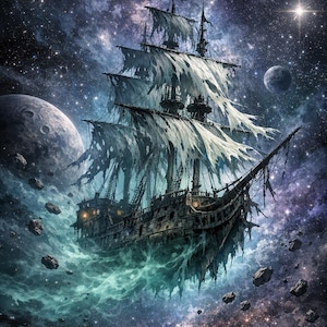 Puede incluir: Una representación artística de un barco pirata fantasmal navegando por una nebulosa. El barco tiene velas rasgadas y está rodeado de cuerpos celestes y rocas flotantes. La paleta de colores incluye azules, morados y negros.