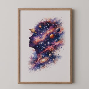 May include: A framed wall art print featuring a side profile silhouette of a human head filled with a vibrant watercolour nebula, scattered stars, and various planets including one with rings, set against a plain white background.