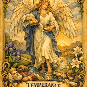 May include: A tarot card illustration featuring an angel pouring water from two golden vessels. The card is framed with ornate gold detailing and includes the Roman numeral XIV and the word "Temperance" on a banner. The background depicts a river scene.
