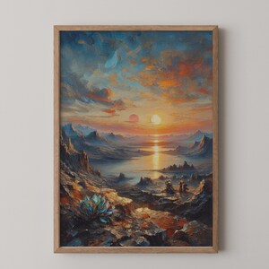 Könnte beinhalten: Ein gerahmter Wandkunstdruck mit einem Ölgemälde einer Wüstenlandschaft bei Sonnenuntergang. Die Szene zeigt felsiges Gelände, ein ruhiges Gewässer, das den orangefarbenen und gelben Himmel reflektiert, sowie zwei Sonnen am Horizont im Holzrahmen.