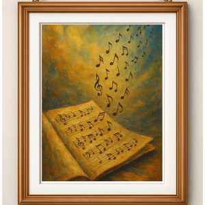 May include: A framed wall art piece featuring an open book with musical notation on its pages. Black musical notes appear to float upward from the book into a textured background of blended golden yellow, orange, and deep blue paint strokes.