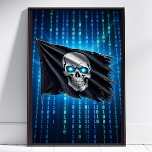Cyber Skull Flag • Digital Pirate Art Print • Glowing Blue Eyes • Binary Code Poster • Tech Noir Wall Decor
