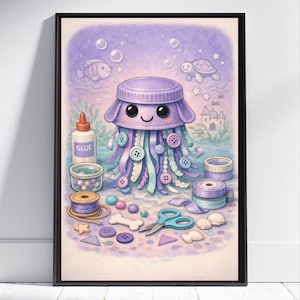 Peut inclure: Une illustration encadrée d'une méduse violette aux tentacules ornés de boutons, entourée de fournitures de loisirs créatifs dont une bouteille de colle, des rubans, des ciseaux, des boutons, des perles et des formes sur fond violet.