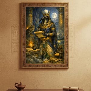 May include: A framed wall art print depicting an ibis-headed figure in blue and gold Egyptian-style attire, holding a scroll and stylus. The scene includes an owl, a small seated creature, stone pillars, and two moons in a dark, cloudy sky.