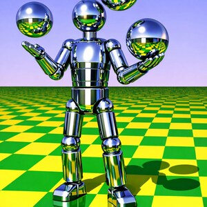 Peut inclure: Une figurine de robot chromé jongle avec quatre sphères réfléchissantes. Le robot se tient sur un sol à carreaux vert et jaune. Les sphères reflètent l'environnement. L'arrière-plan est un dégradé de bleu et de violet.
