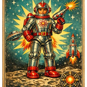 May include: Vintage-style illustration of a space-suited figure holding a ray gun, with a rocket ship and a UFO. The figure is in a silver and red spacesuit, set against a starry sky and a yellow burst.