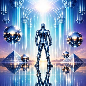 Könnte beinhalten: Futuristische digitale Kunst mit einer Chromfigur in einer reflektierenden Umgebung. Kugeln, Pyramiden und Säulen sind vorhanden, mit einer hellen Lichtquelle von oben. Die Farbpalette ist hauptsächlich Blau und Silber.