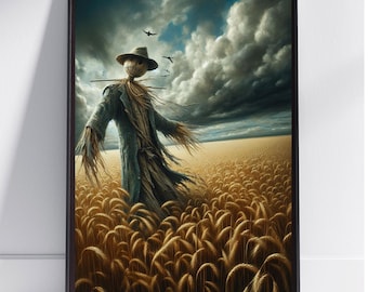 Scarecrow Wheat Field Art Print | Stormy Sky Painting | Atmospheric Wall Art| A2 A3 A4