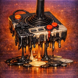 May include: An artistic depiction of a retro joystick with a melting effect. The black joystick has orange buttons and the words "SELECT" and "START". The melting effect features black, gold, and cream-coloured drips, creating a surreal and artistic look.