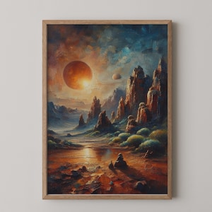 Op de afbeelding: Een ingelijste wandkunstprint met een olieverfschilderij van een buitenaards landschap met een grote oranje zon, rotsachtige pieken en een reflecterende waterpoel. Warme tinten oranje, bruin en diepblauw, in een lichthouten lijst.