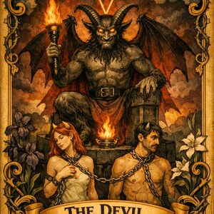 May include: Tarot card illustration featuring a horned demon holding a torch, seated above two chained figures. The card is framed with ornate gold detailing and includes the text "THE DEVIL" on a banner.