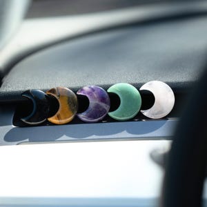 Car Vent Crystal • Crescent Moon Car Diffuser Clip • Crystal Car Charm • crystal car clips • Amethyst, Aventurine, Rose Quartz, Tiger Eye