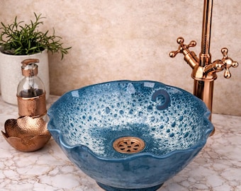 Moroccan Ceramic Sink & Brass Faucet Set – Rustic Blue Wave Design, Handmade Marrakech Pottery