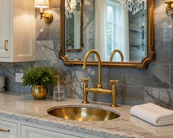 Unlacquered Solid Brass Bridge Faucet, Vintage Art Deco Kitchen Faucet