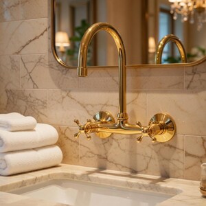 May include: A gold-colored faucet with cross-shaped handles is mounted on a marble-patterned wall. A white sink and a stack of white towels are in the foreground. A mirror reflects the faucet and a chandelier.
