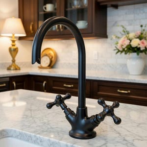 Grifo de baño vintage negro mate – Grifo de cuello de cisne de latón de estilo industrial rústico