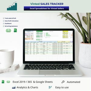 Peut inclure: Un ordinateur portable affiche une feuille de calcul Excel intitulée "Vinted SALES TRACKER" avec des graphiques et des tableaux de données. L'écran montre le suivi des ventes, le calcul des bénéfices et l'aide à la rédaction d'annonces. Le texte inclut "Excel 2019/365 & Google Sheets".