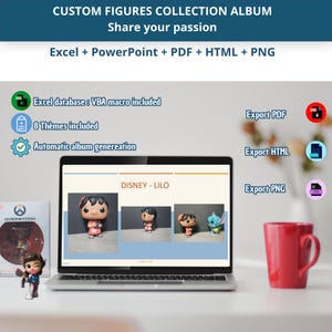 May include: A digital product titled CUSTOM FIGURES COLLECTION ALBUM featuring Excel, PowerPoint, PDF, HTML, and PNG formats. The interface displays a laptop screen showing Disney Lilo character images, with icons for database, themes, and automatic generation.