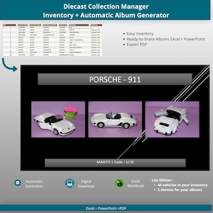 Op de afbeelding: Een digitale interface voor de Diecast Collection Manager Inventory + Automatic Album Generator. Het bevat een tabel, drie afbeeldingen van een witte Porsche 911 modelauto en tekstlabels zoals Maisto, Scale 1/38 en Lite Edition.