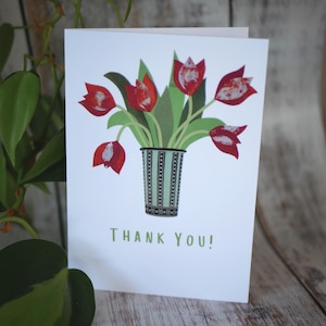 Tulip Flower Greeting Card, Thank you, Art Print Card, Thank You Greetings Card, Any Occasion Friendship Card, Red Tulips in Vase