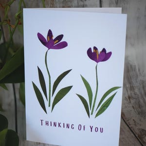 Carte de voeux fleur de crocus, je pense à vous, impression d'art, carte de voeux de condoléances, carte d'amitié pour toute occasion, carte mignonne florale
