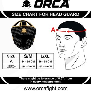 May include: Size chart for a head guard, featuring the "ORCA" logo and a diagram illustrating head measurement. The chart provides size information for S/M (21.3-22 inches) and L/XL (22-22.8 inches), along with user height ranges in centimeters.