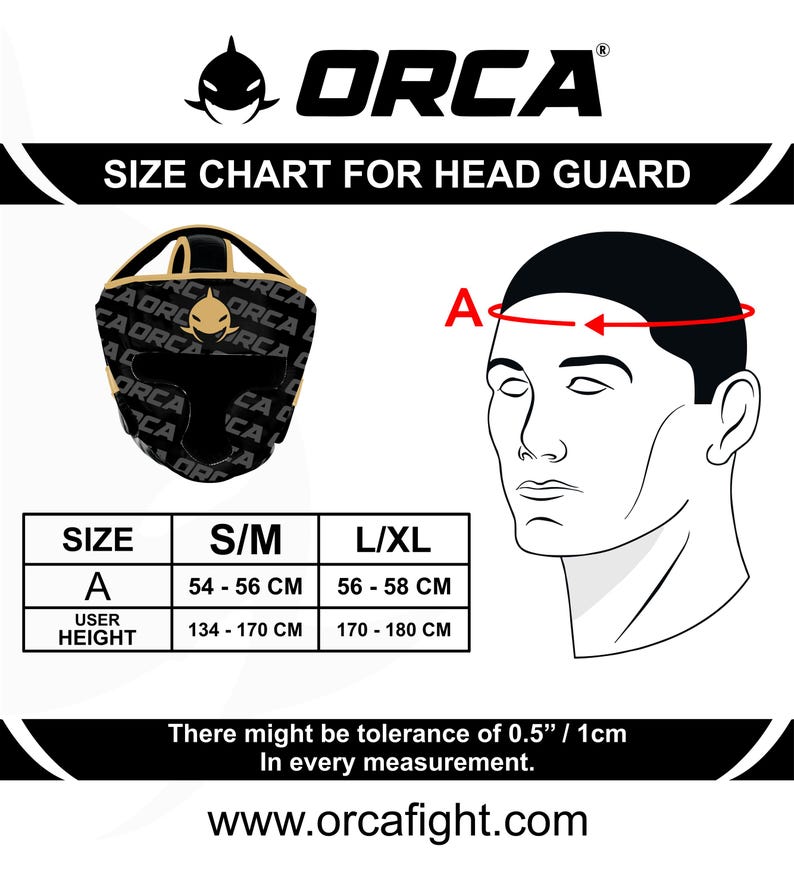 May include: Size chart for a head guard, featuring the "ORCA" logo and a diagram illustrating head measurement. The chart provides size information for S/M (21.3-22 inches) and L/XL (22-22.8 inches), along with user height ranges in centimeters.