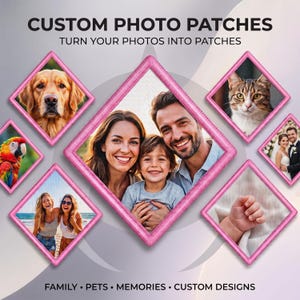 Puede incluir: Parches fotográficos personalizados con bordes bordados en rosa, que muestran varias imágenes incluyendo un golden retriever, un loro, una familia, un gato, una pareja y la mano de un bebé. Texto: CUSTOM PHOTO PATCHES, TURN YOUR PHOTOS INTO PATCHES, FAMILY, PETS, MEMORIES, CUSTOM DESIGNS.