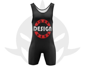 May include: A black wrestling singlet featuring a circular red graphic on the chest with the white text YOUR DESIGN HERE. The garment has a scoop neckline, wide shoulder straps, and short legs, providing a fitted silhouette for athletic performance.