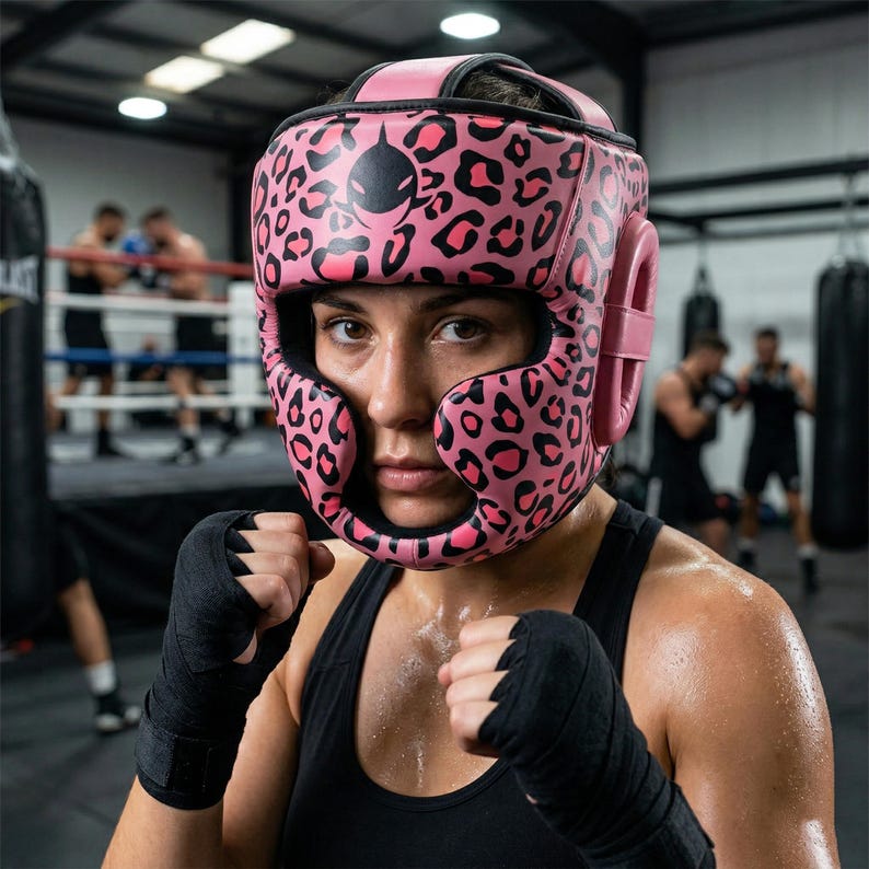 May include: Pink and black boxing headgear with a leopard print design. The headgear features a logo on the forehead and is worn by a person with wrapped hands, ready to box. Other boxers are in the background.