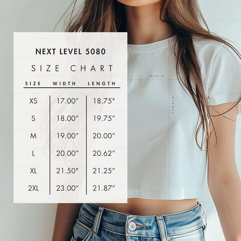 May include: White crop top with a size chart for Next Level 5080 shirts. The chart lists sizes XS to 2XL, with width measurements ranging from 43.18cm to 58.42cm and lengths from 47.63cm to 55.55cm.