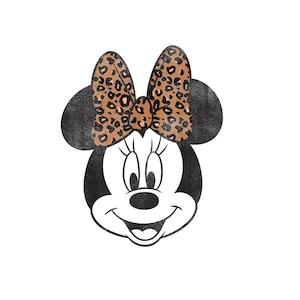 May include: Black and white illustration of Minnie Mouse with a leopard print bow. The image features Minnie's iconic face with a smiling expression. The bow has a brown and black animal print.