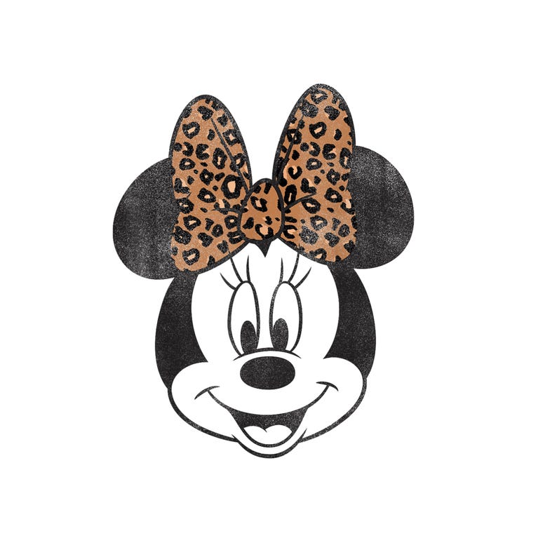 May include: Black and white illustration of Minnie Mouse with a leopard print bow. The image features Minnie's iconic face with a smiling expression. The bow has a brown and black animal print.