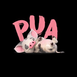Puede incluir: Una ilustración gráfica de un pequeño lechón blanco y gris tumbado boca arriba con las pezuñas recogidas. El lechón tiene un hocico rosa y orejas grandes. Detrás del lechón, la palabra PUA está escrita en letras rosas grandes y negritas.