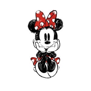 May include: Illustration of Minnie Mouse in a seated pose, rendered in black, white, and red. Minnie is wearing a red bow with white polka dots and a black dress. Her hands are under her chin, and she is smiling.