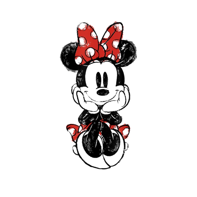 May include: Illustration of Minnie Mouse in a seated pose, rendered in black, white, and red. Minnie is wearing a red bow with white polka dots and a black dress. Her hands are under her chin, and she is smiling.
