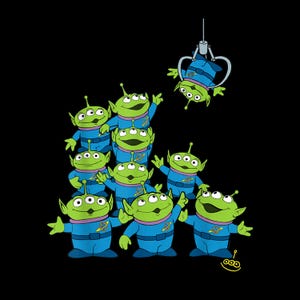 Può includere: Illustrazione di cartoni animati con un gruppo di alieni verdi in uniformi blu con tre occhi. Un alieno viene sollevato da un artiglio. Lo sfondo è nero.