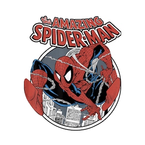 May include: A graphic sticker featuring the comic book character Spider-Man in a red and blue suit, crouching within a circular frame above a city skyline. The text THE AMAZING SPIDER-MAN is printed in bold red letters with a black outline above.