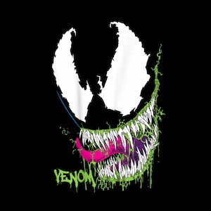 May include: A black graphic print featuring the stylized white eyes of Venom above a wide, menacing mouth filled with sharp white teeth, a bright pink tongue, and dripping neon green slime, with the word VENOM written in green.